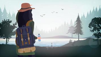 A girl with a tourist backpack looks into the distance. Landscape with a lake, forest, fire, pine tree and tent. Flat vector illustration of tourism and recreation in the wild.