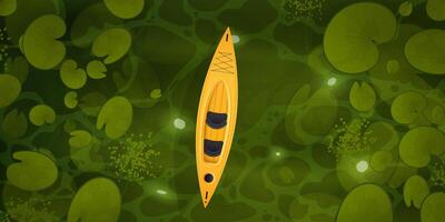 A yellow kayak floating in a green pond vector