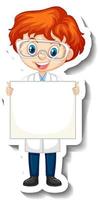 Scientist boy holding empty board in sticker style vector