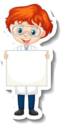 Scientist boy holding empty board in sticker style