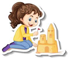 Girl building sand castle cartoon character sticker vector