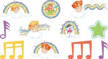 Set of fantasy fairies and cupids with rainbow elements vector