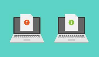 Laptop and document upload download vector design
