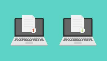 Laptop and document upload download vector design