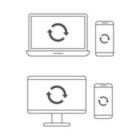 Laptop, computer and smartphone sync or restart icon line vector design