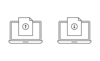Laptop and document upload download icon line vector design