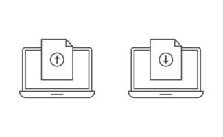 diseño de vector de línea de icono de descarga de carga de computadora portátil y documento