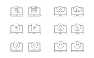 Laptop, upload and download icon line vector design, cloud, document, arrow upload and download vector icon line set