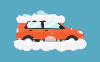 Car wash vector illustration on blue background, red car being washed with soap