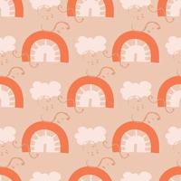 Seamless pattern with rainbows, clouds and stars. Cute endless pattern for kids textiles in handdrawn organic style. Vector illustration in flat style.