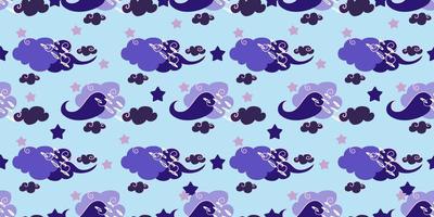 Mystical background with curls on the clouds.Magic astrology and the starry sky. Vector illustration for baby textiles. Seamless pattern for kids.