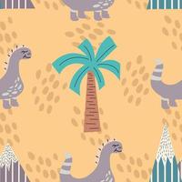 patrón con dinosaurio, palmera, montañas para niños. lindo patrón sin costuras con puntos y árbol tropical y lindo dinosaurio en estilo plano. ilustración vectorial vector