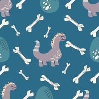 Dinosaur, egg, bone pattern for children.Cute Seamless pattern with dots and tropical tree and cute dinosaur in flat style. Vector illustration