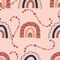 Boho rainbow seamless pattern, bohemian repeating pattern in earthy colors.For baby textiles in a flat Nordic style. Vector illustration with simple shapes and striped rainbows.