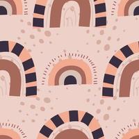 Boho rainbow seamless pattern, bohemian repeating pattern in earthy colors.For baby textiles in a flat Nordic style. Vector illustration with simple shapes and striped rainbows.