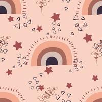 Childish boho seamless pattern with rainbows and stars in natural colors.Beige background with abstract organic shapes with flat style. vector