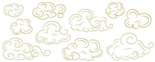 Gold Chinese clouds with curls in a set on a white background.Eastern heavenly design of different shapes of clouds in flat style. Vector illustration.