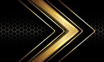 Abstract gold black arrow direction geometric on hexagon mesh design modern luxury futuristic technology background vector