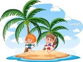 Isla de playa aislada con dos chicas vistiendo trajes de baño vector