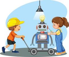 Children fixing a robot together in the room scene vector