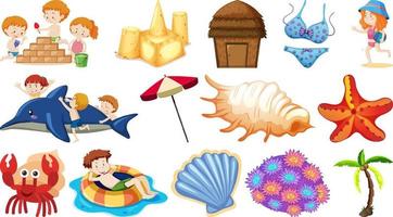 Set of summer beach objects and cartoon characters vector