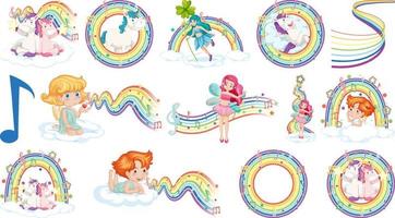 Set of fantasy fairies and cupids with rainbow elements vector