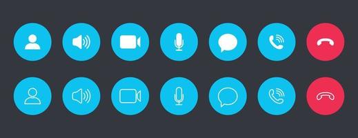 Set of video call icons. Collections white buttons for online video conference on blue circle. Vector