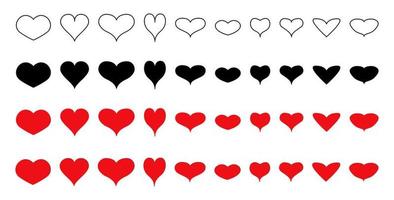 Set heart in various shape. Red and black silhouette. Line icon vector