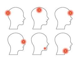 tipo de dolor de cabeza y de muelas, dolor de garganta. conjunto de perfil de cabeza con diferentes dolores. vista lateral. vector