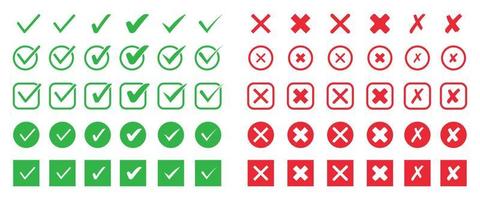Set of check mark flat icon. Green tick and red cross symbol for checklist. Vector