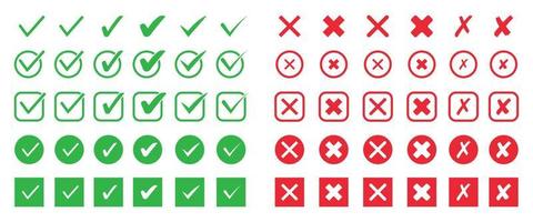 Set of check mark flat icon. Green tick and red cross symbol for checklist. Vector