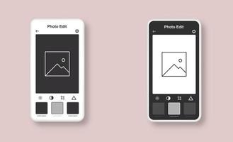 conjunto de plantilla de editor de fotos. maqueta de interfaz de teléfono inteligente con aplicación móvil para editar fotos. vector