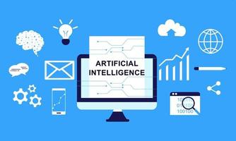 Artificial intelligence with icons vector background illustration. Deep learning, blockchain, neural network, big data, problem solving, machine learning concept with global network connections.