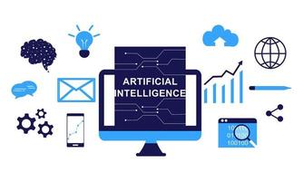 Artificial intelligence with icons vector background illustration. Deep learning, blockchain, neural network, big data, problem solving, machine learning concept with global network connections.