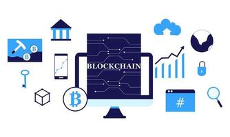 Blockchain with icons vector background illustration. Blockchain concept with legal global network connections. Cryptocurrency, digital money, smart contracts, modern internet technology for business.