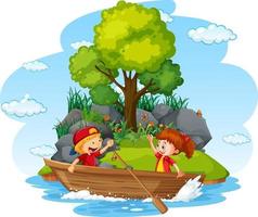 Isolated cartoon island with children on wooden boat vector