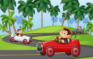 Race track scene with monkey racing drivers vector