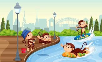 Park scene with little monkeys doing different activities vector