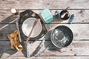 cooking set on wooden table photo