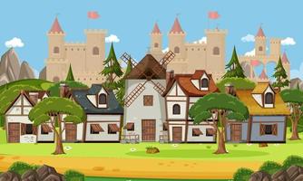 Escena de pueblo medieval con fondo de castillo vector