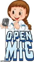 Open mic logo design with singer girl cartoon character vector