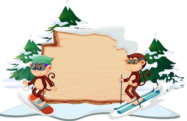 Monkey skiing with blank board on white background