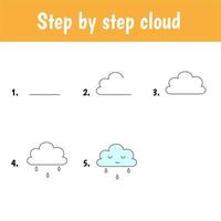 Drawing tutorial for kids. Easy level. Education sheets. How to draw clouds vector