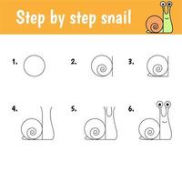 Kid educational game sheets with easy gaming level for preschool. Tutorial for drawing snail vector