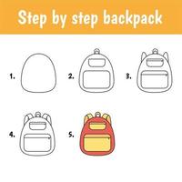 Drawing tutorial for kids. Easy level. Education sheets. How to draw backpack vector