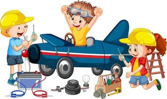 Children fixing a plane together vector