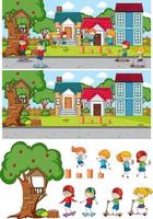 Park scene set with many kids doodle cartoon character isolated vector