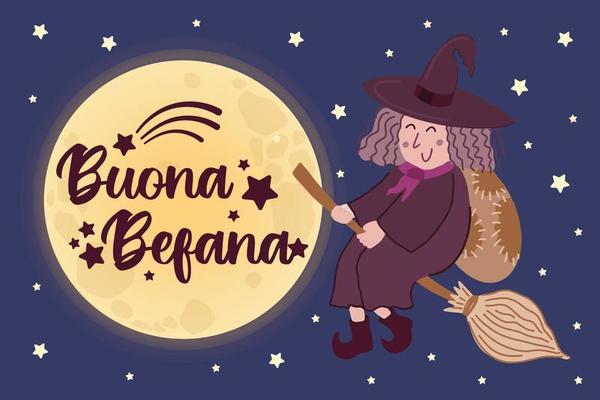 Buona Befana - Italian translation - Happy Befana. Cute Witch Befana  traditional Christmas Epiphany character in Italy flying on broomstick.  Full moon on night sky with stars gradient background 16081646 Vector Art  at Vecteezy