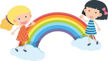 dos niñas de pie en las nubes con arco iris vector