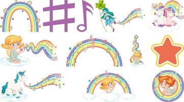 Set of fantasy fairies and cupids with rainbow elements vector